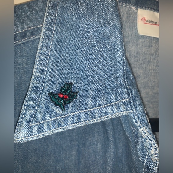 Bobbie Brooks 1990s Women’s Christmas Denim Collared Embroidered Button Up Large - Picture 3 of 16